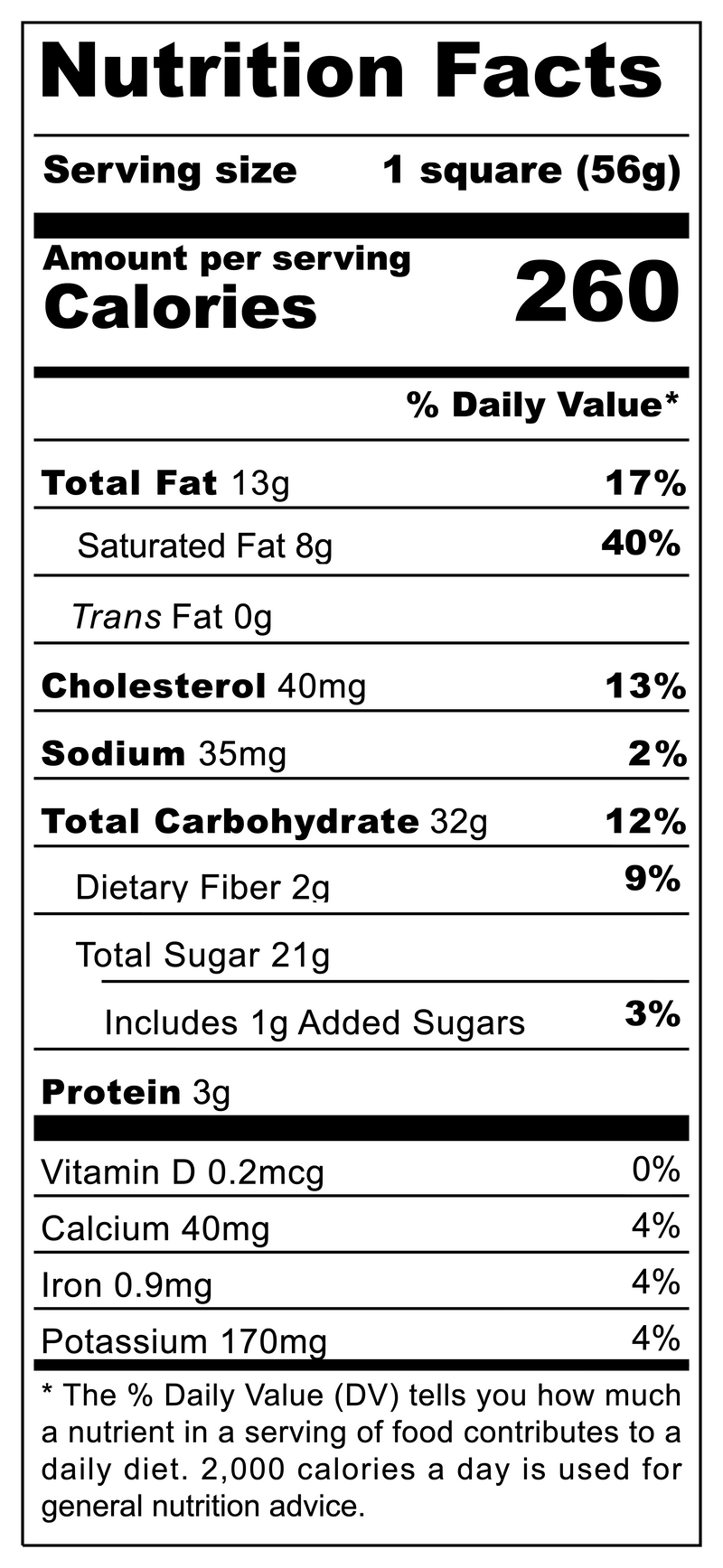 Nutritional table for Coconut Lemon Square