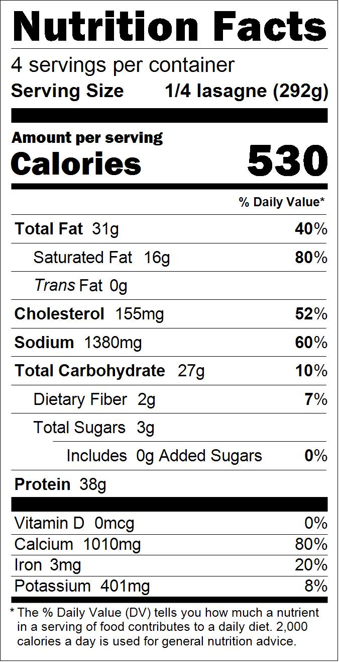 Nutritional table for Spinach Lasagne