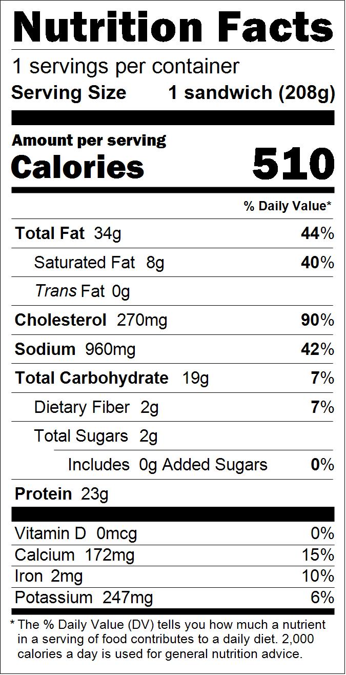 Nutritional table for Bacon & Egg Breakfast Sandwich