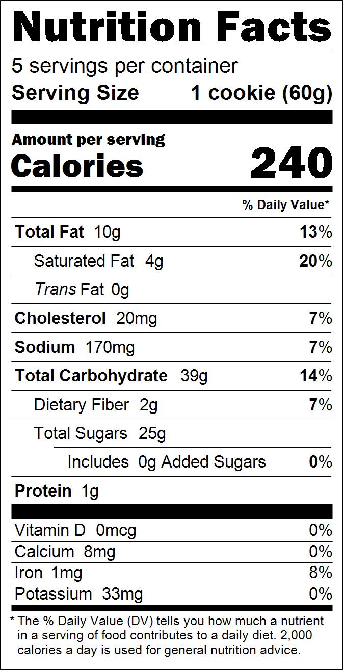 Nutritional table for Chocolate Chip Cookies